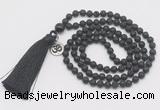 GMN308 Hand-knotted 6mm black lava 108 beads mala necklaces with tassel & charm