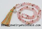 GMN311 Hand-knotted 6mm volcano cherry quartz 108 beads mala necklaces with tassel & charm