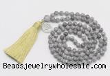 GMN313 Hand-knotted 6mm grey picture jasper 108 beads mala necklaces with tassel & charm