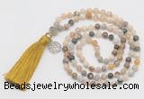 GMN322 Hand-knotted 6mm bamboo jeaf agate 108 beads mala necklaces with tassel & charm