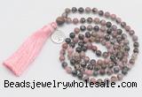 GMN325 Hand-knotted 6mm rhodonite 108 beads mala necklaces with tassel & charm