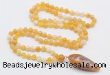 GMN4005 Hand-knotted 8mm, 10mm yellow banded agate 108 beads mala necklace with pendant