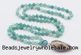 GMN4010 Hand-knotted 8mm, 10mm green banded agate 108 beads mala necklace with pendant