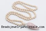 GMN4020 Hand-knotted 8mm, 10mm white fossil jasper 108 beads mala necklace with pendant