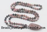 GMN4036 Hand-knotted 8mm, 10mm rhodonite 108 beads mala necklace with pendant