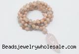 GMN4059 Hand-knotted 8mm, 10mm sunstone 108 beads mala necklace with pendant