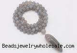 GMN4060 Hand-knotted 8mm, 10mm grey agate 108 beads mala necklace with pendant