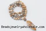 GMN4063 Hand-knotted 8mm, 10mm yellow crazy agate 108 beads mala necklace with pendant