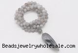 GMN4067 Hand-knotted 8mm, 10mm grey banded agate 108 beads mala necklace with pendant