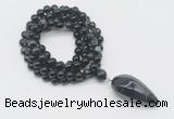 GMN4068 Hand-knotted 8mm, 10mm black banded agate 108 beads mala necklace with pendant