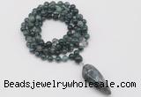 GMN4071 Hand-knotted 8mm, 10mm moss agate 108 beads mala necklace with pendant