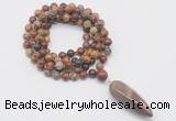 GMN4077 Hand-knotted 8mm, 10mm picasso jasper 108 beads mala necklace with pendant