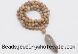 GMN4078 Hand-knotted 8mm, 10mm picture jasper 108 beads mala necklace with pendant