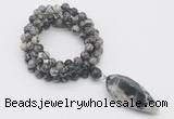 GMN4079 Hand-knotted 8mm, 10mm black water jasper 108 beads mala necklace with pendant