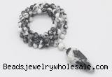 GMN4080 Hand-knotted 8mm, 10mm black & white jasper 108 beads mala necklace with pendant