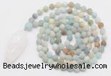 GMN4204 Hand-knotted 8mm, 10mm matte amazonite 108 beads mala necklace with pendant