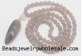 GMN4207 Hand-knotted 8mm, 10mm matte grey agate 108 beads mala necklace with pendant