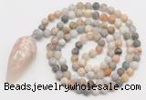 GMN4209 Hand-knotted 8mm, 10mm matte bamboo leaf agate 108 beads mala necklace with pendant