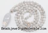 GMN4210 Hand-knotted 8mm, 10mm matte white crazy agate 108 beads mala necklace with pendant