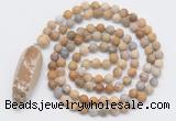 GMN4212 Hand-knotted 8mm, 10mm matte fossil coral 108 beads mala necklace with pendant