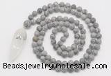 GMN4219 Hand-knotted 8mm, 10mm matte grey picture jasper 108 beads mala necklace with pendant