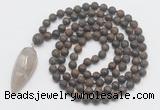 GMN4223 Hand-knotted 8mm, 10mm matte bronzite 108 beads mala necklace with pendant