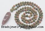 GMN4224 Hand-knotted 8mm, 10mm matte unakite 108 beads mala necklace with pendant