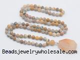 GMN4411 Hand-knotted 8mm, 10mm matte yellow crazy agate 108 beads mala necklace with pendant