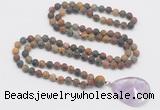 GMN4416 Hand-knotted 8mm, 10mm matte picasso jasper 108 beads mala necklace with pendant