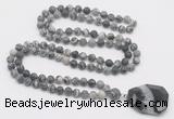 GMN4420 Hand-knotted 8mm, 10mm matte black water jasper 108 beads mala necklace with pendant