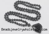 GMN4422 Hand-knotted 8mm, 10mm matte black labradorite 108 beads mala necklace with pendant