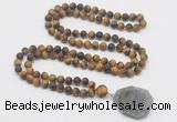 GMN4429 Hand-knotted 8mm, 10mm matte yellow tiger eye 108 beads mala necklace with pendant