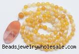 GMN4605 Hand-knotted 8mm, 10mm yellow banded agate 108 beads mala necklace with pendant