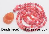 GMN4606 Hand-knotted 8mm, 10mm red banded agate 108 beads mala necklace with pendant