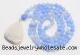 GMN4608 Hand-knotted 8mm, 10mm blue banded agate 108 beads mala necklace with pendant