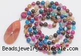 GMN4611 Hand-knotted 8mm, 10mm colorful banded agate 108 beads mala necklace with pendant