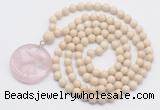 GMN4619 Hand-knotted 8mm, 10mm white fossil jasper 108 beads mala necklace with pendant