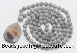 GMN4621 Hand-knotted 8mm, 10mm grey picture jasper 108 beads mala necklace with pendant