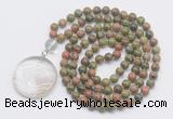 GMN4625 Hand-knotted 8mm, 10mm unakite 108 beads mala necklace with pendant