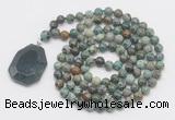 GMN4628 Hand-knotted 8mm, 10mm African turquoise 108 beads mala necklace with pendant