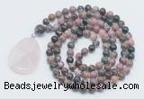 GMN4635 Hand-knotted 8mm, 10mm rhodonite 108 beads mala necklace with pendant