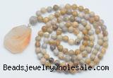 GMN4636 Hand-knotted 8mm, 10mm fossil coral 108 beads mala necklace with pendant