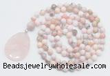 GMN4641 Hand-knotted 8mm, 10mm natural pink opal 108 beads mala necklace with pendant