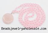 GMN4650 Hand-knotted 8mm, 10mm rose quartz 108 beads mala necklace with pendant