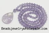 GMN4651 Hand-knotted 8mm, 10mm amethyst 108 beads mala necklace with pendant