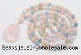 GMN4655 Hand-knotted 8mm, 10mm morganite 108 beads mala necklace with pendant