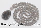 GMN4658 Hand-knotted 8mm, 10mm grey agate 108 beads mala necklace with pendant