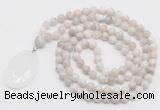 GMN4660 Hand-knotted 8mm, 10mm white crazy agate 108 beads mala necklace with pendant