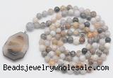 GMN4662 Hand-knotted 8mm, 10mm bamboo leaf agate 108 beads mala necklace with pendant