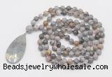 GMN4663 Hand-knotted 8mm, 10mm silver needle agate 108 beads mala necklace with pendant